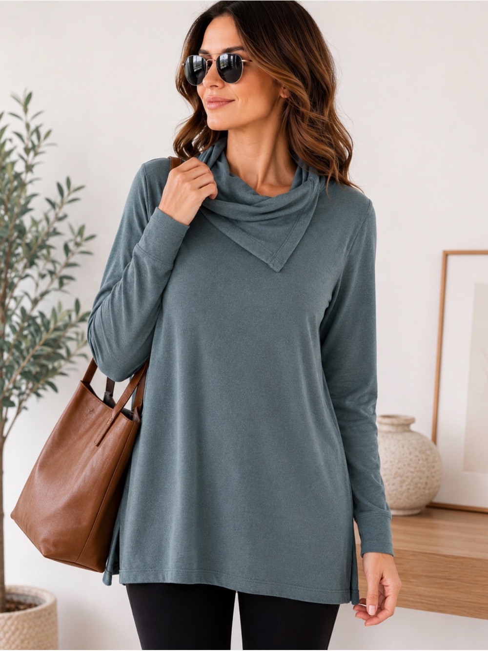 Max Studio Cowl Neck Tunic Women’s M Soft Knit Travel Pullover Gray Cozy Top